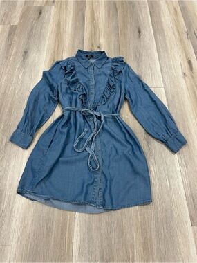 iris Blue Denim Ruffle Long Sleeve Shirt Dress